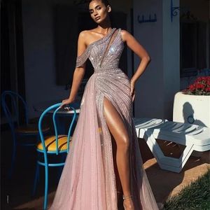 Elegant Off Shoulder Long Prom -jurken Volledig kralen voor Arabische vrouwen sexy front split formele avond optochtjurken kleding robe de soiree
