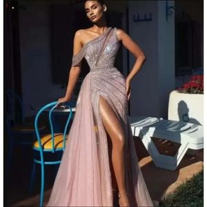Elegant Off Shoulder Long Prom -jurken Volledig kralen voor Arabische vrouwen sexy front Split formele avond optochtjurken gewaad de soiree BC13141 2024