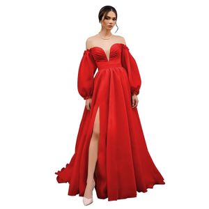 Vestidos de fiesta rojos con hombros descubiertos, manga abombada, largos, divididos, formales, vestidos de fiesta de noche, 2024