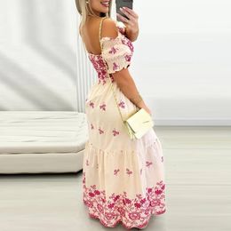 Élégant hors bretelle sans épaule plissée longue dres flore imprimé bohème robe de fête décontractée à manches courtes maxi 240418