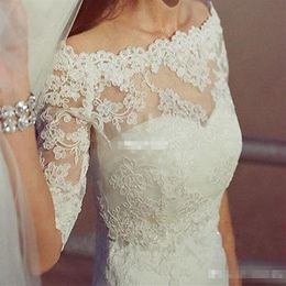 Elegante schulterfreie Spitzenapplikationen für Hochzeit, Brautjacken, halbe Ärmel, Bolero-Wickel, maßgeschneidert, weiß, elfenbeinfarben259h