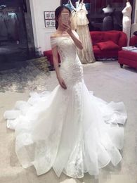 Elegant Off the Shoulder Mermaid Dresses Lace Applique Organza Chapel Train Wedding Bridal Jurk Custom Made Vestido de Novia