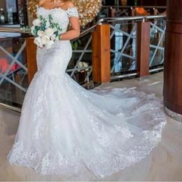 Элегантное свадебное платье русалки с открытыми плечами и кружевными аппликациями на спине, белое тюлевое длинное свадебное платье на шнуровке 2024, весна-лето, платья невесты больших размеров