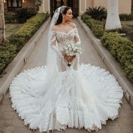 Vestidos de novia elegantes de sirena con hombros descubiertos, Apliques de encaje florales, forro desnudo, vestidos de novia para iglesia, vestido de novia