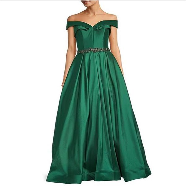 Robe de soirée élégante en satin vert émeraude, épaules dénudées, ligne A, longueur au sol, robes décontractées pour femmes, dos nu, robe de bal, 2023