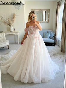 Elegant Off the Shoulder TuLle Pleat A-Line trouwjurken Sweetheart 3d Flowers Bridal Jurys Vestidos de Novia