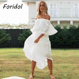 Elegant Off The Shoulder White Tulle Dress Dames Casual Polka Dot Summer Beach Boho Famale Lange Sundress Fashion 210427