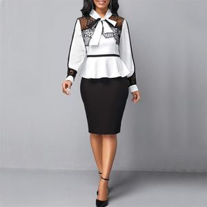 Elegante kantoorkerkjurken voor dames Formeel stijlvol wit zwart patchwork zakelijke jurk plus maat vestidos midi313c