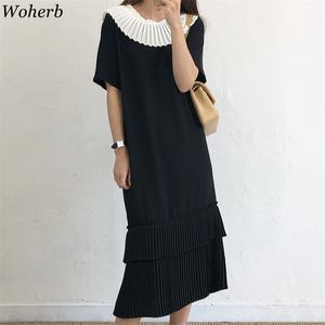 Elegante kantoorjurk voor vrouwen slanke korte mouw zwarte jurken dames geplooid ruche Midi Koreaans chique gewaad vestidos mujer 210519