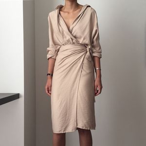 elegante kantoor dames faux wrap jurk vrouwen herfst winter lange mouw midi jurk vintage sjerp shirt werkjurk 210415