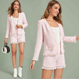 Elegante kantoor dame tweedelige set 2020 lente zomer lange mouw tweed jas en shorts pakken vrouwen 2 stuk outfits x0428