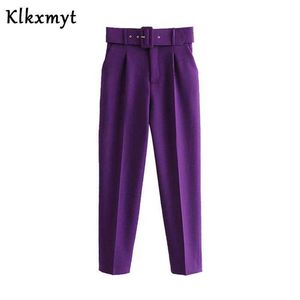 Élégant bureau porter violet pantalon femmes avec ceinture ceintures poches taille haute costume pantalon mode femme décontracté Chic pantalon 210527