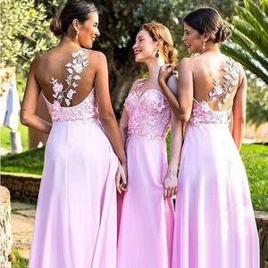 Elegantes vestidos de dama de honor de un hombro Rosa una línea Apliques de encaje Sin mangas Satén Vestidos de dama de honor para bodas Vestido de dama de honor barato por encargo