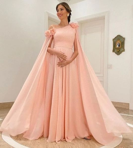 Élégante une épaule maternité robes de bal 2023 avec des fleurs enceinte Dubaï robe de soirée formelle une ligne en mousseline de soie longue fête occasion robes de bal personnalisées