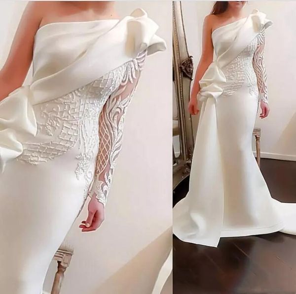 Élégante une épaule sirène formelle robes de soirée longue fête robes de bal 2021 manches longues en satin froncé volants appliques dentelle célébrité porter balayage train