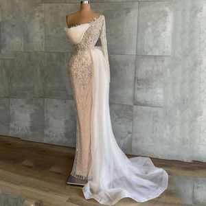 Elegante One Shoulder Mermaid Trouwjurken Kant Applicaties Bruidsjurk Custom Made Floor Length Glitter Sierlijke gewaden De Mariée