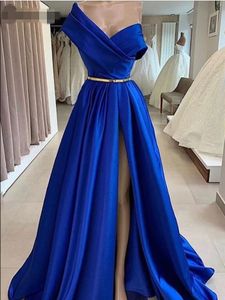 Elegante One Shoulder Royal Blue Prom Dresses Lange Robe de Soiree A-lijn Satijn Dubai Sexy High Side Slit Formele Avondjurk Party