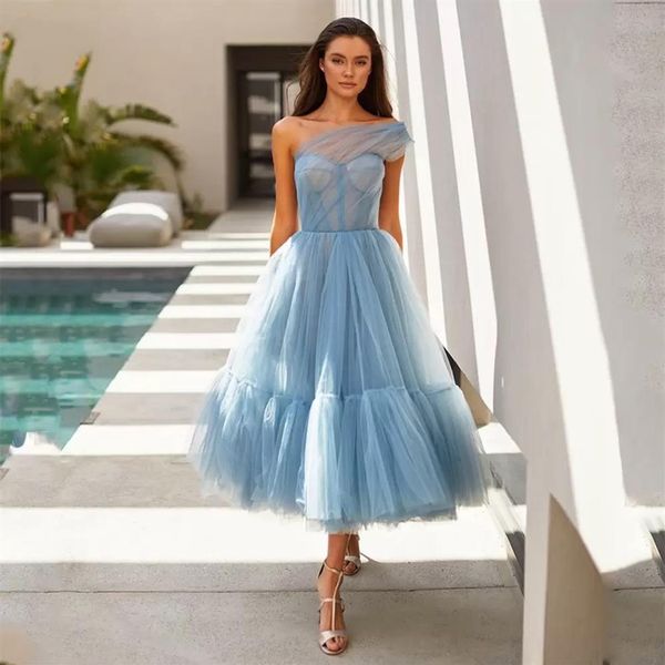 Élégant Une Épaule Sans Manches Soirée Robe De Bal Tulle Corset Maxi Fashions Tenues Thé-Longueur Homecoming Robe De Soirée Vestidos De220B