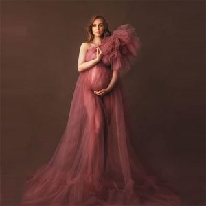 Elegantes vestidos de maternidad de tul de un hombro transparentes de mujer sexy de talla grande de tul vestidos de maternidad para fotografía 210302