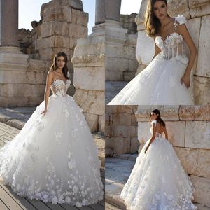 Elegante One Shoulder Trouwjurken Sweetheart Illusion Bloemen Applicaties Tule Bruidsjurken Blooting Bont Bruids Vestido de Novia