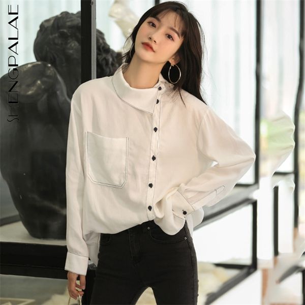 Elegant Open Line Pocket Blouse Femme's printemps Collor Collor Single Breasted Long Mange Loose Shirt 5B628 210427