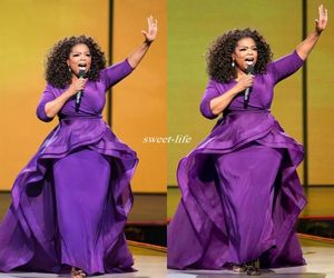 Elegante Oprah Winfrey Vestidos de noche famosos Overskirt Medio Oriente Dubai Estilo árabe Púrpura con manga Tallas grandes Mujer Formal W4238020