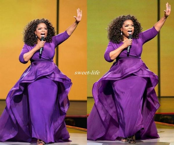 Élégant Oprah Winfrey Celebrity Robes de soirée Overskirt Moyen-Orient Dubaï Style arabe violet avec manches grande taille femmes formelles W4238020