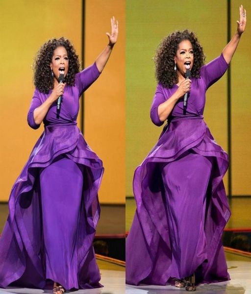 Elegant Oprah Winfrey Celebrity Robes de soirée sur la jupe au milieu-orient du style arabe de Dubaï violet avec manche plus taille Femmes formelles 1920417