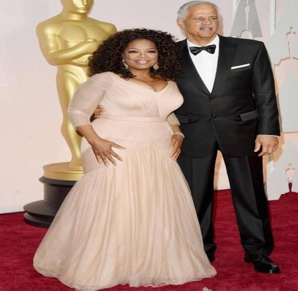 Elegante Oprah Winfrey Oscar Celebridad Vestidos de alfombra roja Champán Sirena Tallas grandes Manga larga Noche plisada Madre de la novia 3036115