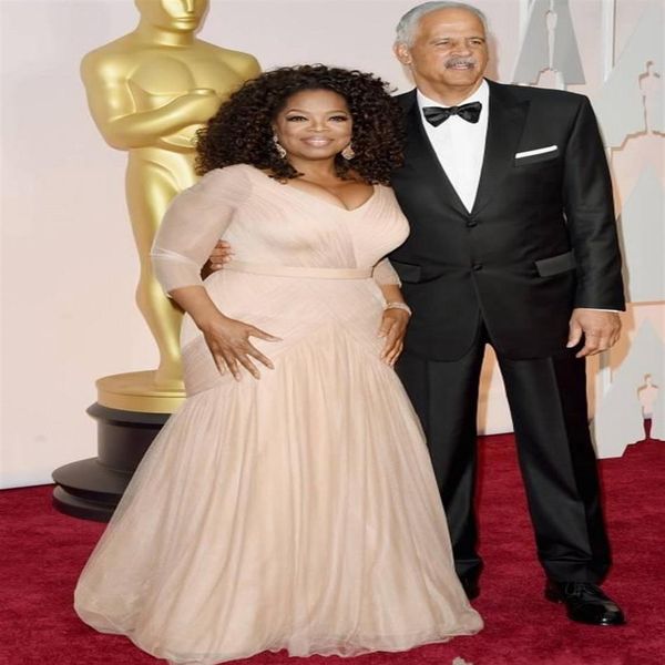 Elegante Oprah Winfrey Oscar Celebrity Vestidos de alfombra roja Champagne Mermaid Tallas grandes Manga larga Plisado Noche Mother Off Bride 2883