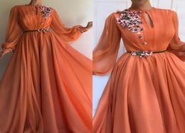 Элегантное оранжевое платье с длинными рукавами и 3D цветочным кружевом в Дубае, платья для выпускного вечера 2020 ALine, шифоновое исламское арабское длинное вечернее платье Robe de soiree 3406554