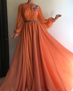 Elegante Oranje Lange Mouwen 3D Bloemen Kant Dubai Galajurken 2020 A-lijn Chiffon Islamitisch Arabisch Lange Avondjurk Robe de soiree 277A