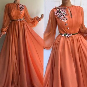 Elegante oranje lange mouwen 3D bloemen kant Dubai prom jurken 2020 a-line chiffon islamitisch Arabisch lange avondjurk gewaad de soiree bm0844
