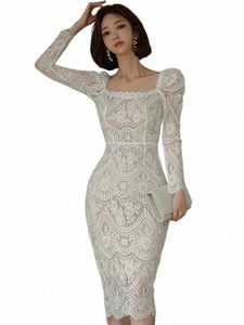 Élégant fête dentelle Dr printemps noir blanc col carré manches longues taille haute gaine tempérament bureau femmes Dres U8S1 #