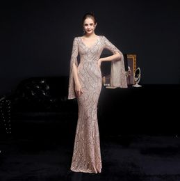 Robe de soirée Maxi élégante à paillettes dorées, manches longues, robe de bal pour femmes, 6036889