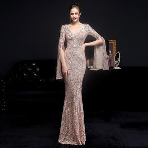 Elegant Party Maxi Dress Gold Sequin Evening Dress Women Long Sleeve Prom Dresses