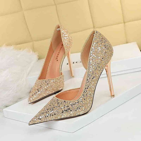 Zapatos de fiesta elegantes para Mujer, tacones de aguja, zapatos de tacón plateados con purpurina para Mujer, zapatos de boda ostentosos de tacón alto con punta en pico para Mujer G220520