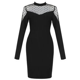 Robe de soirée élégante pour femmes, bandage, col rond, manches longues, crayon noir, maille, vêtements pour dames 210515