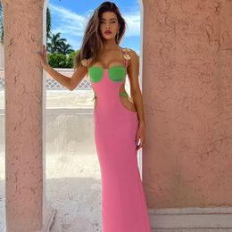 Elegante Patchwork Hollow Out Maxi Jurk Voor Vrouwen Gewaad Mode Nieuwe Mouwloze Backless Bodycon Party Lange Jurk Vestido