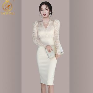 Elegante patchwork kant damesjurken v-hals lange mouw hoge taille witte vrouwelijke mode kleding 210520