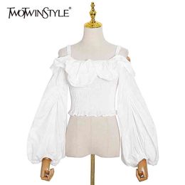 Elegant Patchwork Ruffle Shirt voor Vrouwen Squre Collar Lantern Sleeve Tuniek Chiffon Blouse Vrouwelijke Mode Stijl 210524