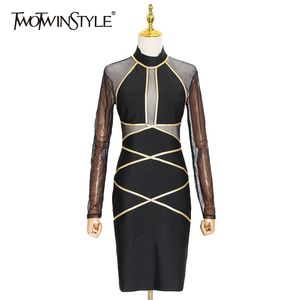 Elegante patchwork gestreepte mesh vrouwen jurk lange mouw hoge taille jurken vrouwelijke mode kleding herfst 210520