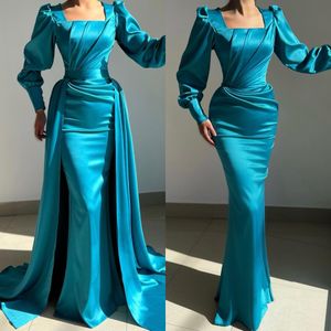 Elegante Peacock Blue Musulmán Manlim Evening mangas largas Party Party Dresses PLISETS DRESS FORM FORM FORMALES