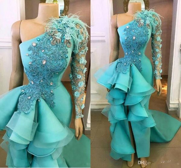 Élégant paon bleu une épaule robes de soirée 2020 fleurs faites à la main appliques Peplum robes de soirée formelles avec robe de bal fendue 4551