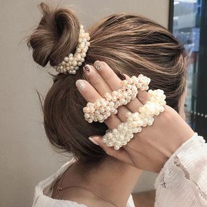 Meisjes elegante parelhaar stropds kralen meisjes scrunchies rubberen bands paardenstaart houders accessoires zachte elastische haarband scrunchy