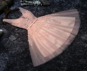 Élégante robe de bal rose perle 2021 robe de concours sexy courte col en V appliques perles à lacets jusqu'aux genoux robes de soirée de remise des diplômes7402580