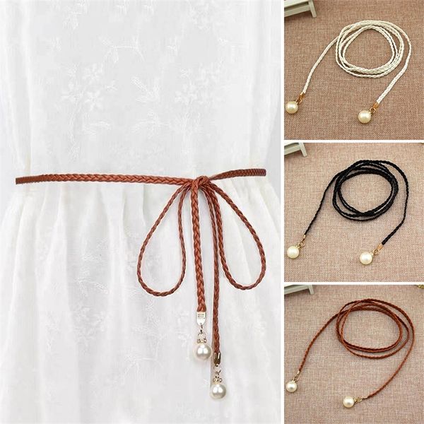 Ceintures fines en perles pour femmes, élégantes, longues en cuir, corde de chanvre tressée, ceinture d'été pour filles, style bohémien, pour robe, 220712