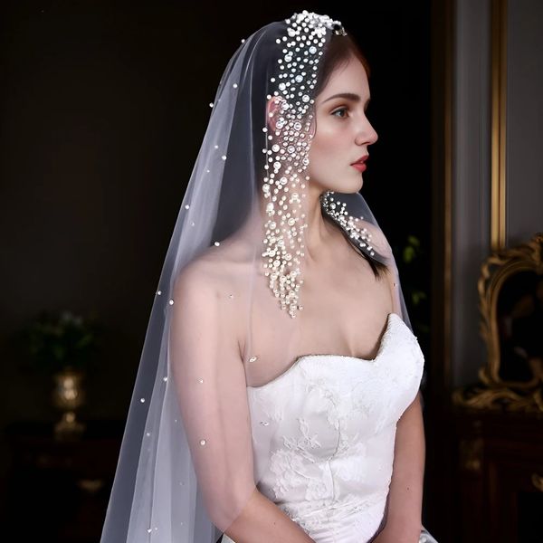 Voile de mariage en perles élégantes pour femmes, bandeau en Tulle doux de 3M de Long, voile de cathédrale, accessoires pour cheveux de mariage pour mariée CL3159