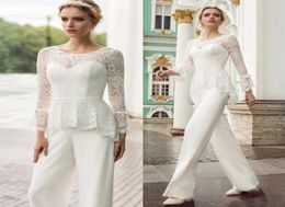 Elegante Peplum Lace Mother of the Bride Pant Suits Jewel Neck met lange mouwen bruiloft Guestjurk plus size chiffon moeders groo7639299