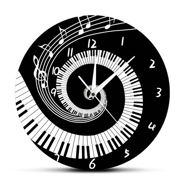 Teclas de piano elegante blanco y negro reloj de pared moderno notas de la música onda teclado redondo amante pianista regalo Y200110
